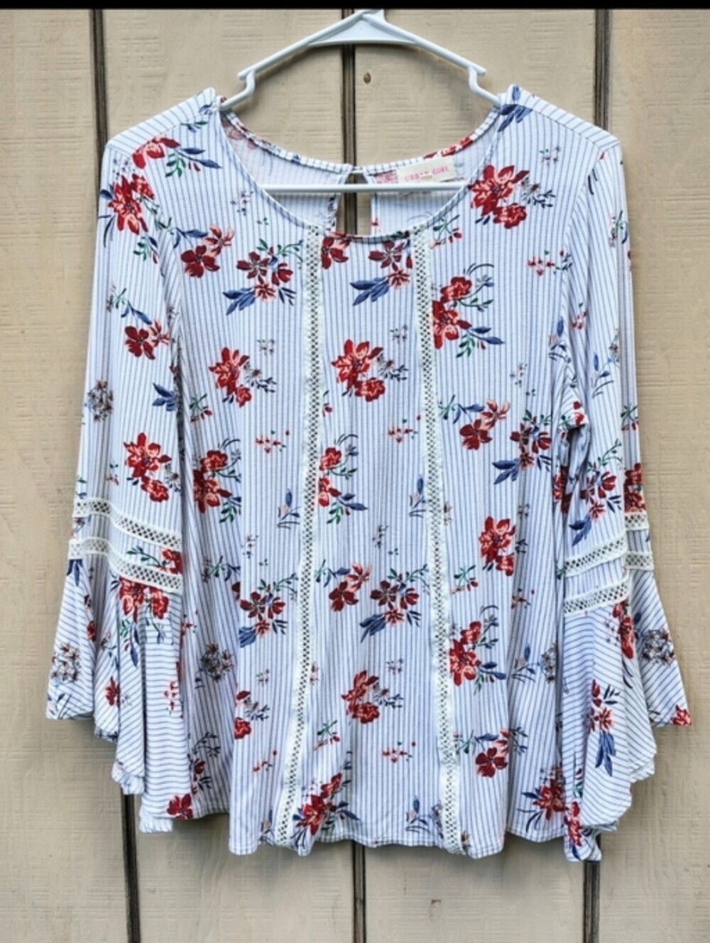 Floral Stripe Bell-Sleeve Women's Top White Blue Peek A Boo Crochet Scoop Neck S